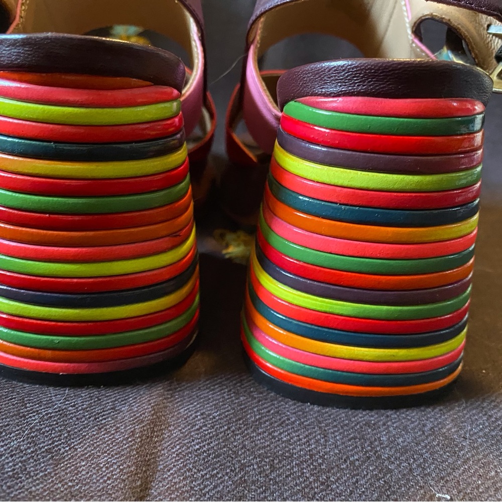 John Fluevog Red and Pink Rainbow Wedge Sandals - Picture 5 of 6
